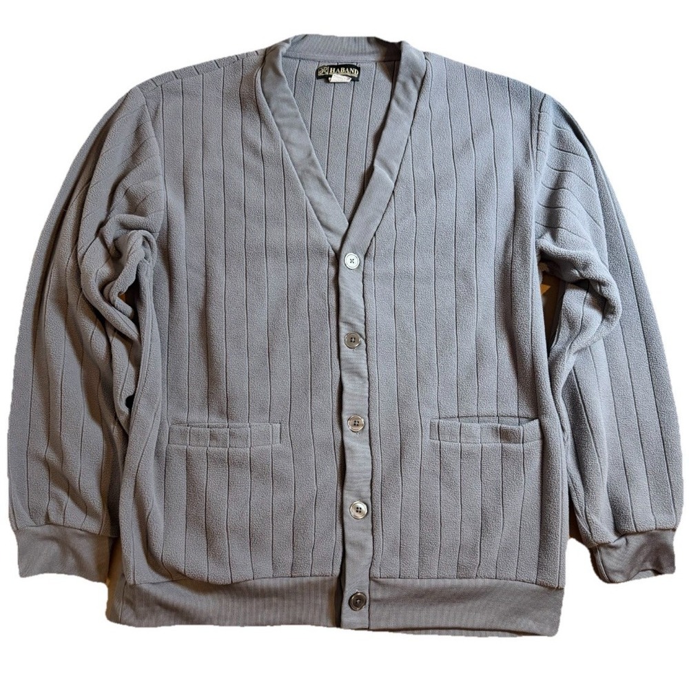 Vintage HABAND Men's XL Fleece Cardigan Sweater GRAY Grandpa Style Lounge